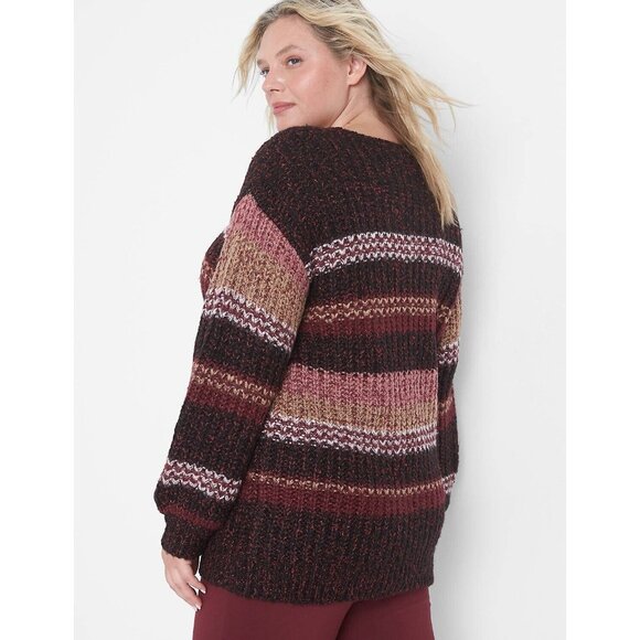 Lane Bryant Sweater Womens 14/16 Burgundy Striped Knit‎ Heavy Pullover V Neck - Picture 2 of 11
